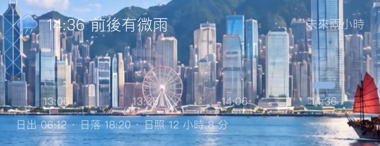 App 今日頁雨帶一欄：「14:36 前後有微雨 · 未來兩小時」，四欄 13:06、13:36、14:06、14:36，只有 14:36 那欄亮了一格。
