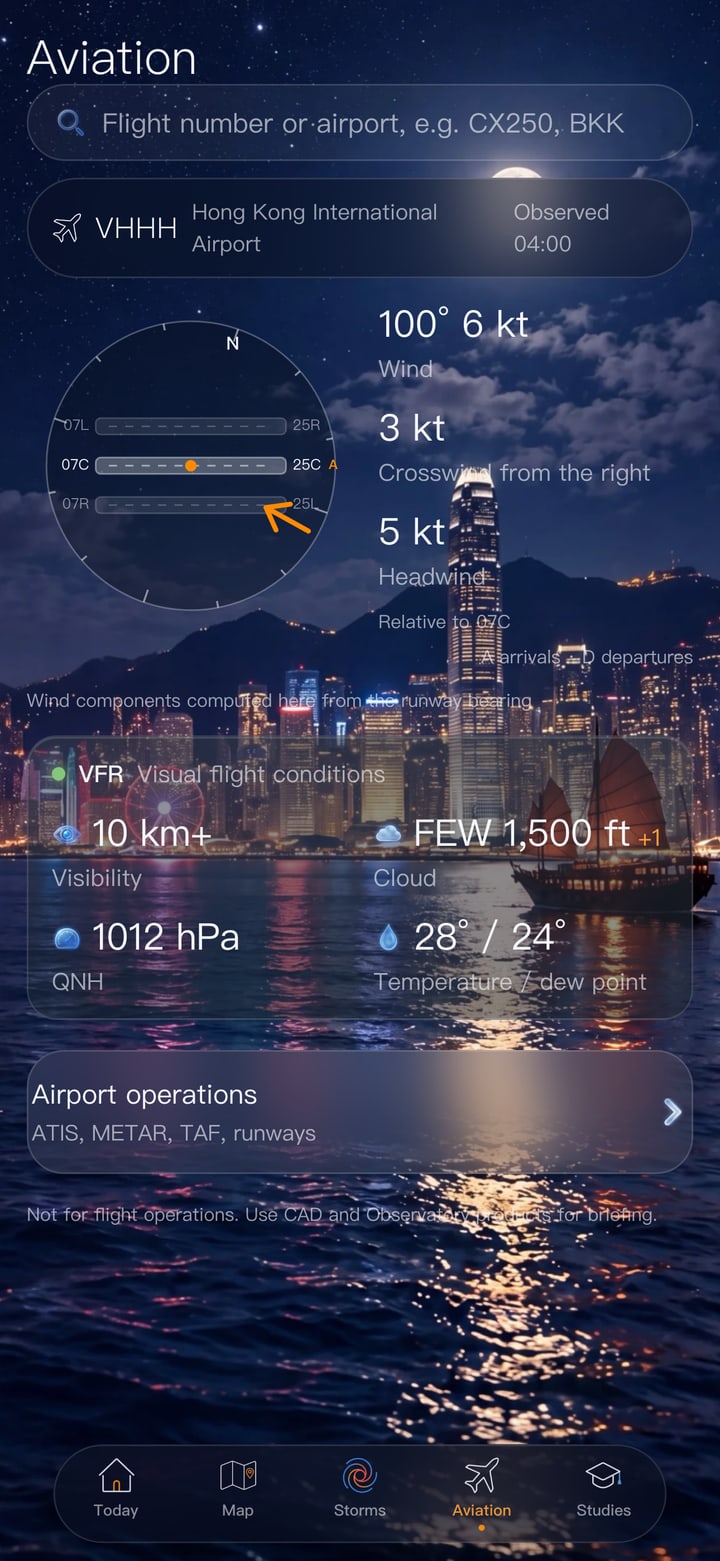 App aviation page: runway wind rose and METAR