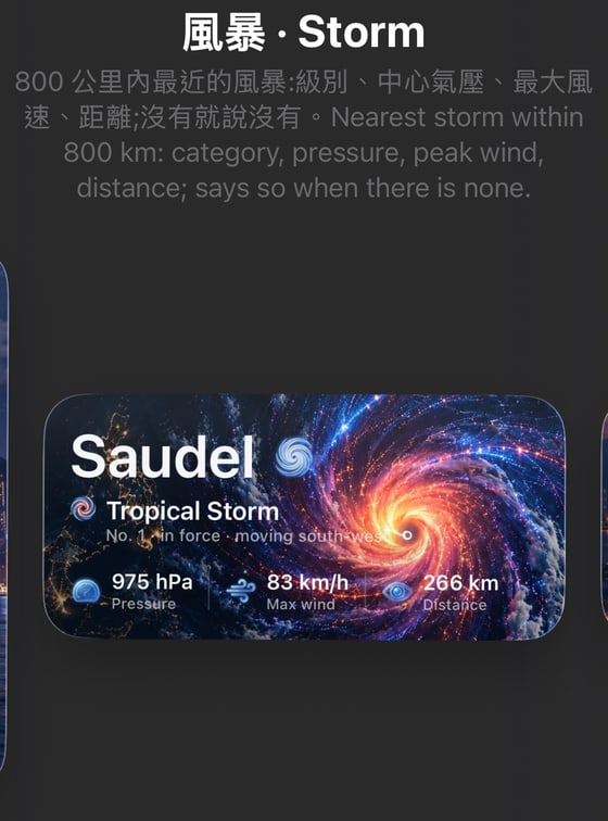 Storm widget: the nearest storm within 800 km