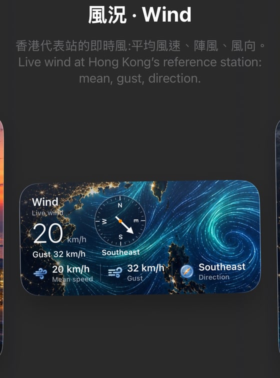 Wind widget: mean wind, gust, direction